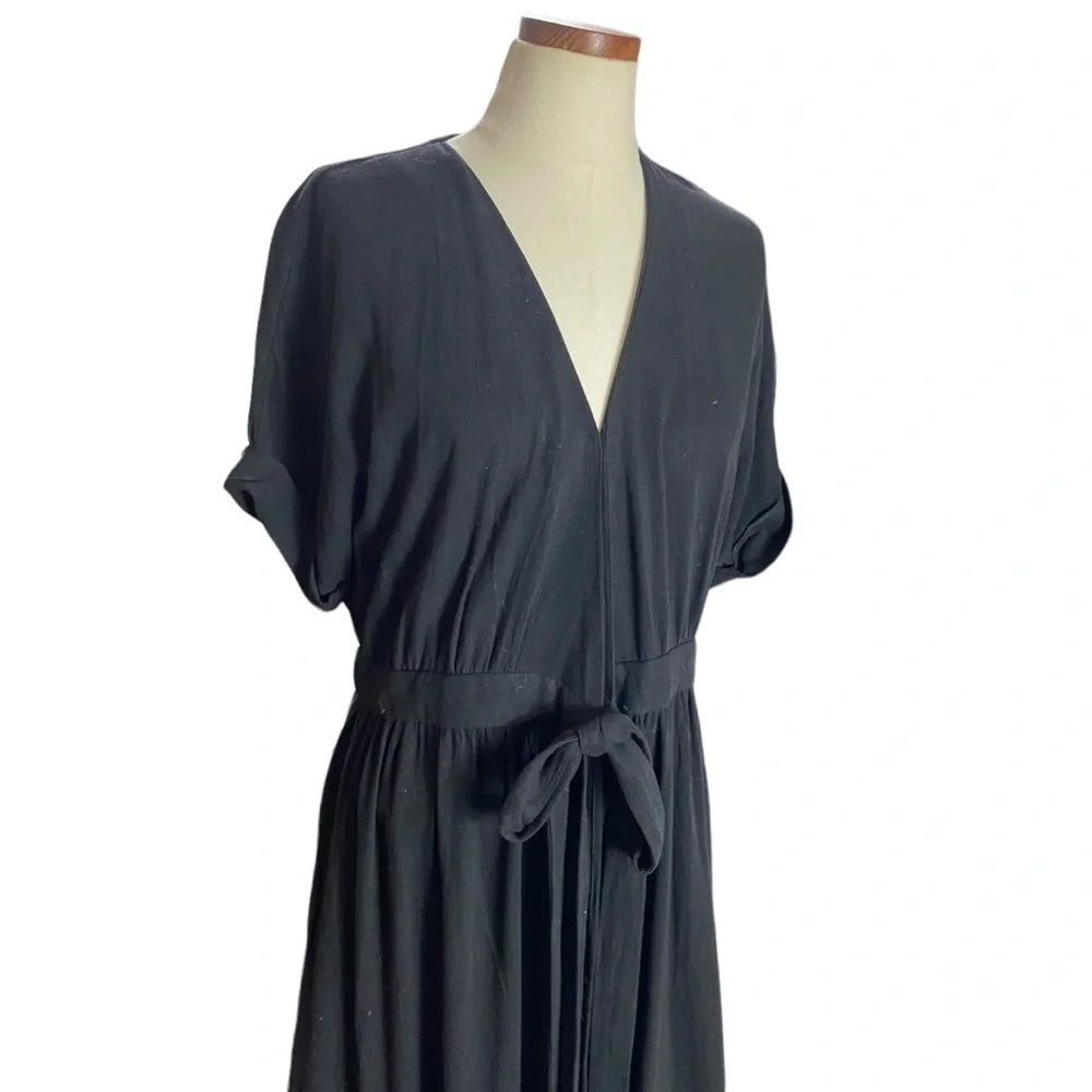 WILLOW Anthropologie Womens Wrap Dress Midi Black short Sleeve Size M Linen NEW - Picture 13 of 15